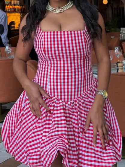 Cute Pink Checkered Mini Dress Square Neck Sleeveless Slim Waist Ruched Bubble Hem A-Line Summer Short Dress for Women
