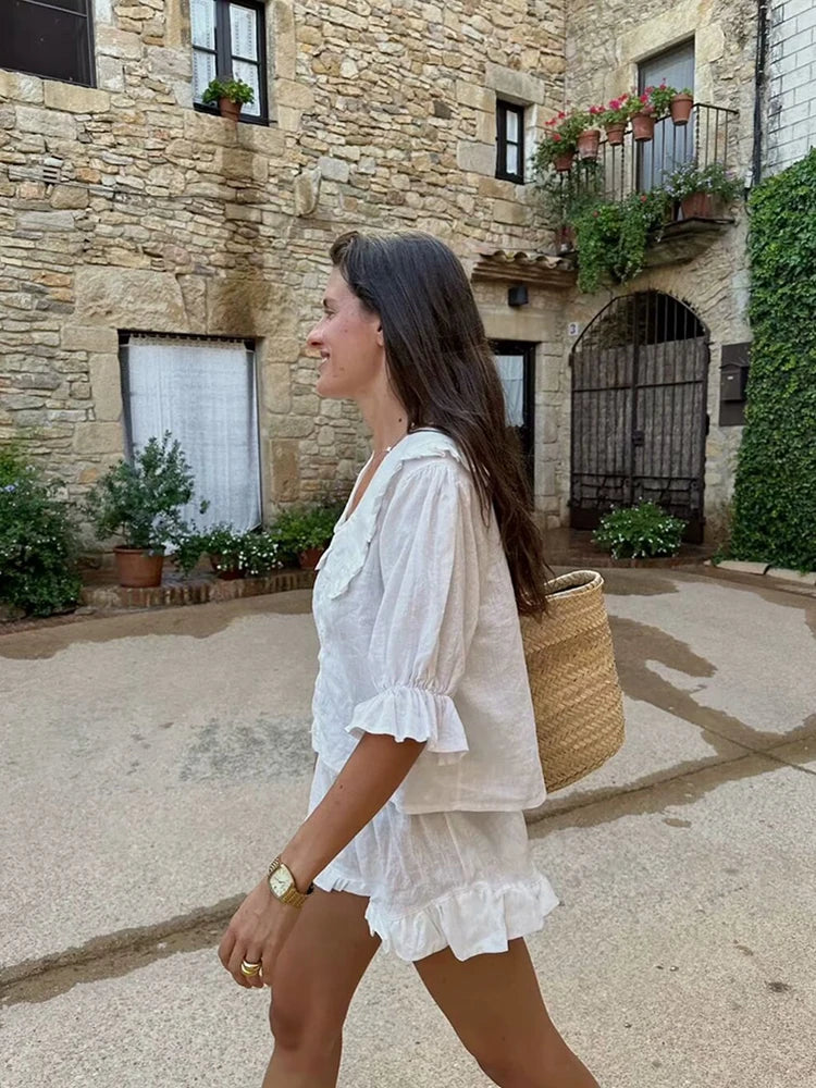 French Chic Elegant Shirt Blouse White Lace Peter Pan Collar Cotton Summer Puff Sleeve Loose Women Ladies Blouse Tops
