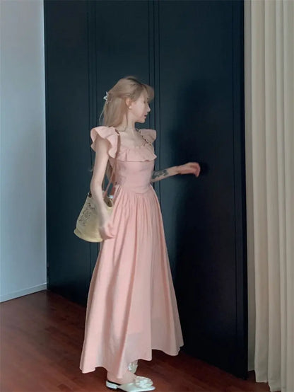 Sweet Gentle Square Neck Dress Summer New Temperament Waist-sharp Mid-length Dress