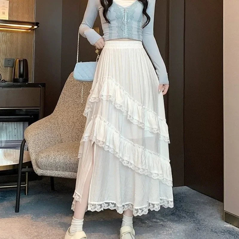 Women Skirts Irregular Lace Split Stretch High Waist Ruffles Spring Summer Sweet Fashion Casual Loose Long Skirt Female