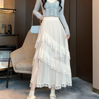 Women Skirts Irregular Lace Split Stretch High Waist Ruffles Spring Summer Sweet Fashion Casual Loose Long Skirt Female