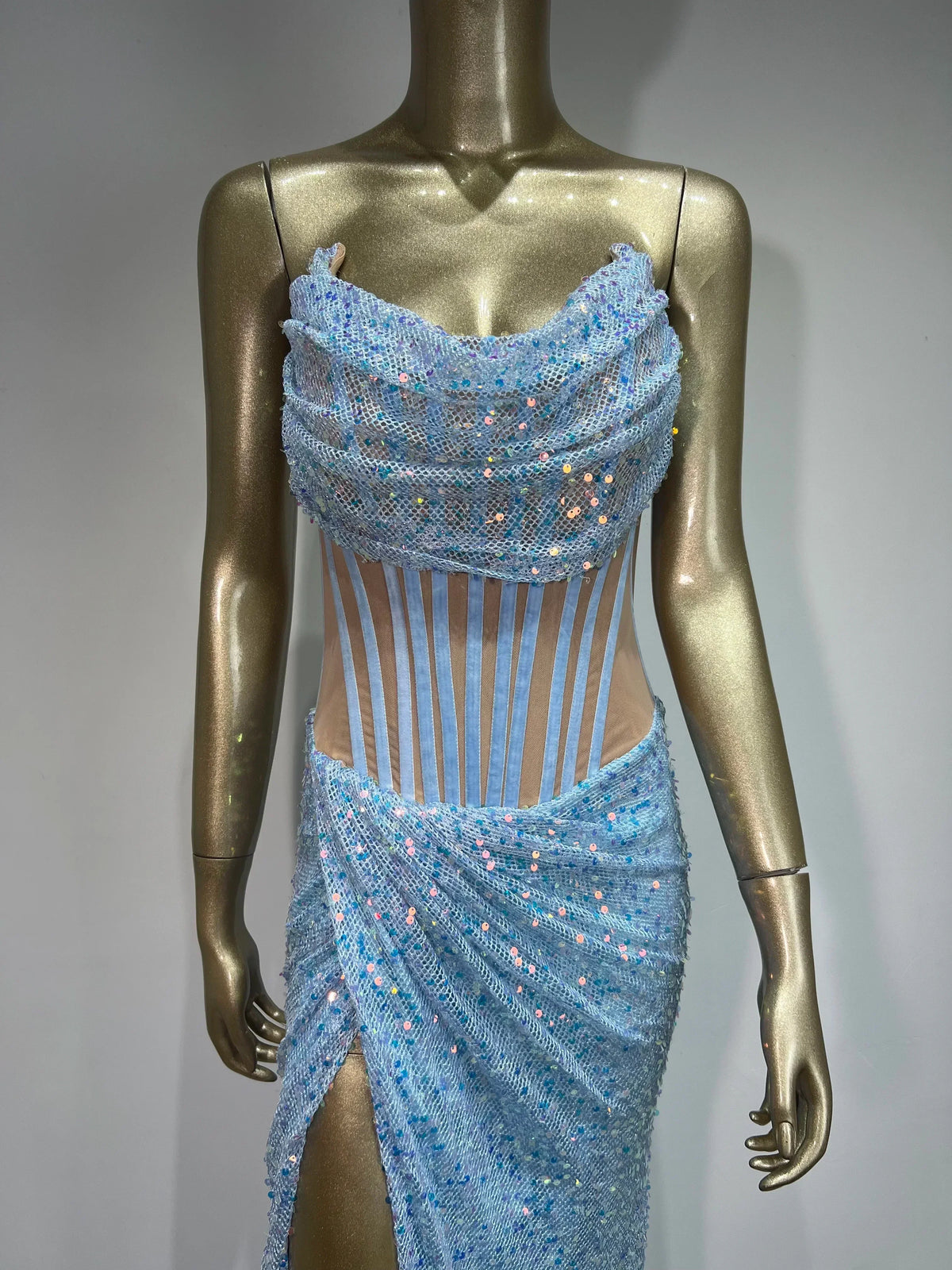 Cowl Neck Corset Bodice Sequin High Slit Maxi Gown