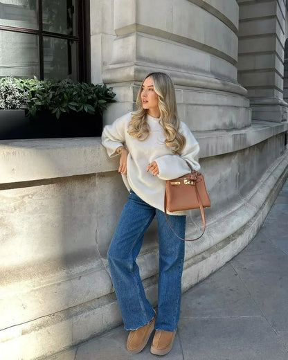 Casual Solid Color Women O Neck Cashmere Sweater New Elegant Women's Long Sleeves Knitted Jumper Autumn Chic Lady Pullovers