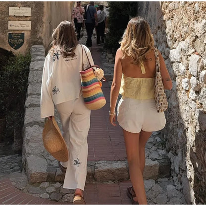 Cotton Linen Women's Trousers Set Long Sleeve Single Breasted Loose Shirt Wide Leg Pants Suits Summer Casual Lady Sets