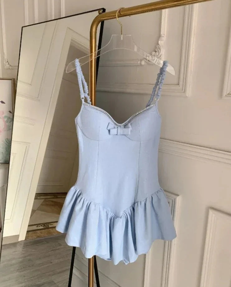Strap Ballet Fishtail Dress Women Spring Summer New High Quality Bow Luxury Diamond Skirt+Hollow Cardigan Two-piece Set