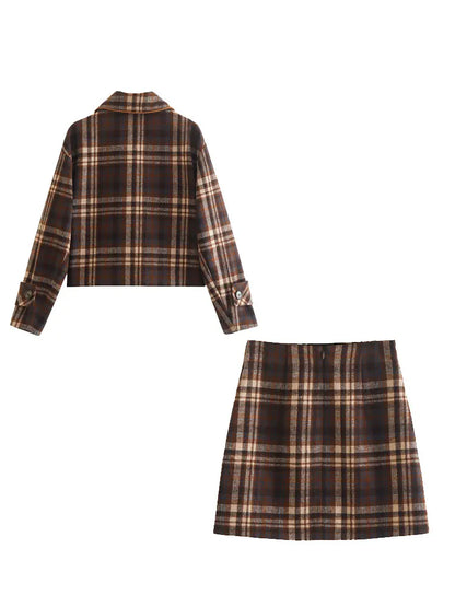 Women's Fashionable Lapel Pocket Decorated Short Jacket Suit Retro Plaid Silhouette Women's Thin Short Skirt Suit