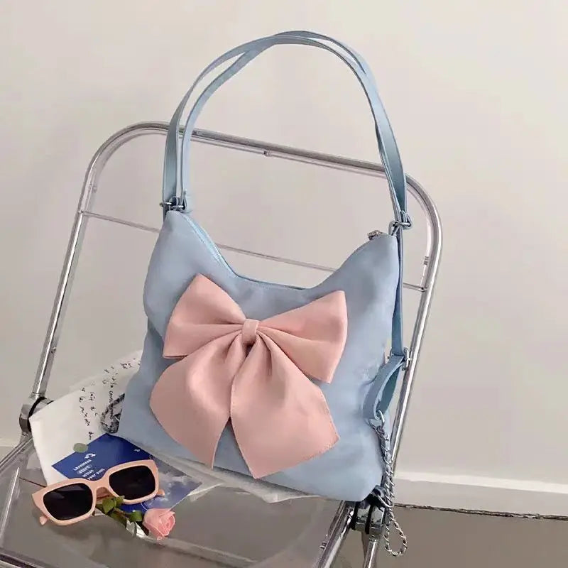 Pink Bow Womens Shoulder Bag Korean Style Fashion Large Capacity Sweet Backpack Cute Exquisite Elegant New Female Tote Bag