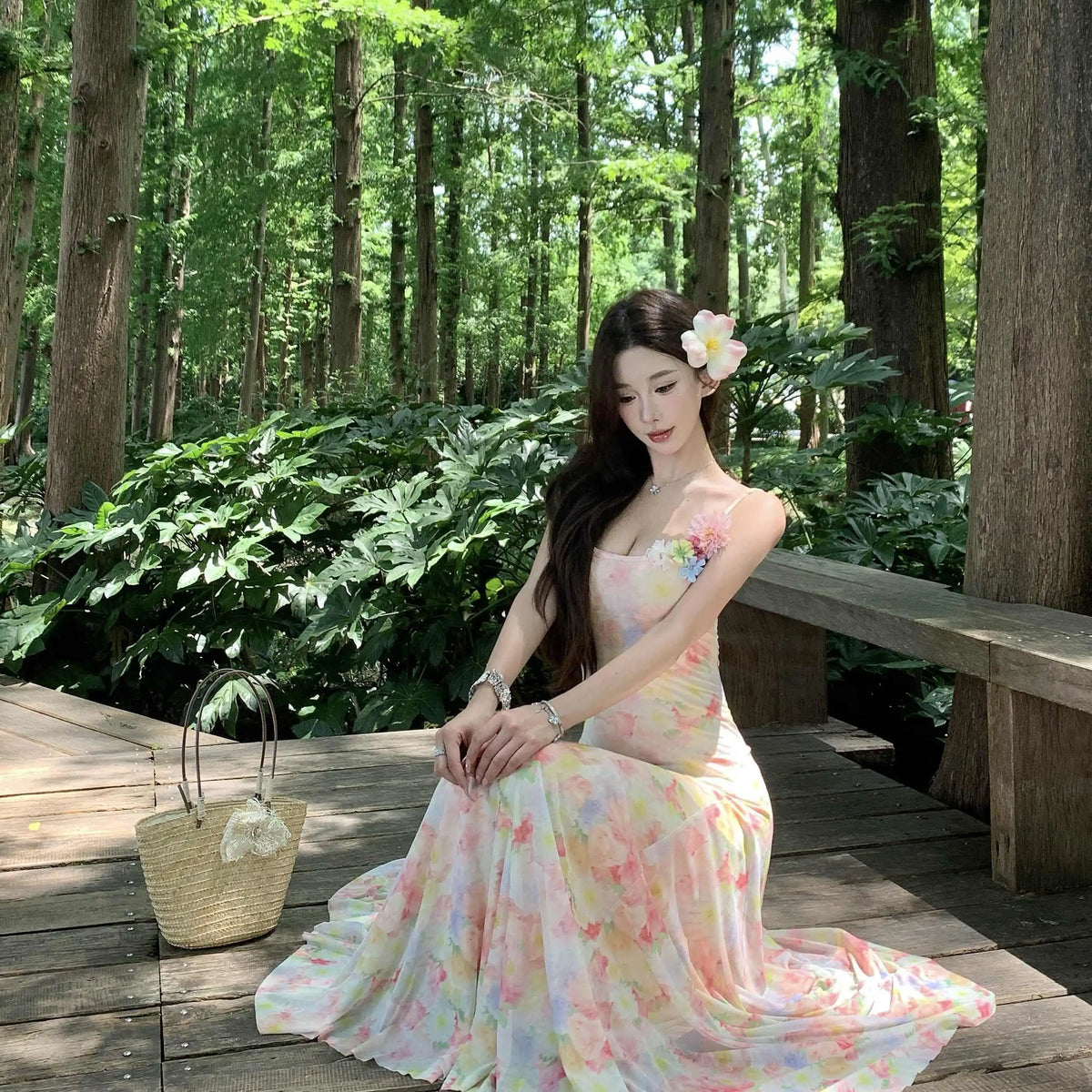 A stunning dress perfect for summer island photography, with a vacation style, sweet spaghetti straps, a fitted waist, suitable