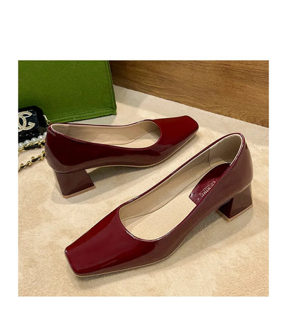 Women Novelty Shoes Square Toe Patent Leather New Arrivals Slip-On Black Wine Beige Chaussures 5cm Thick Heels Pumps For OL 43 7