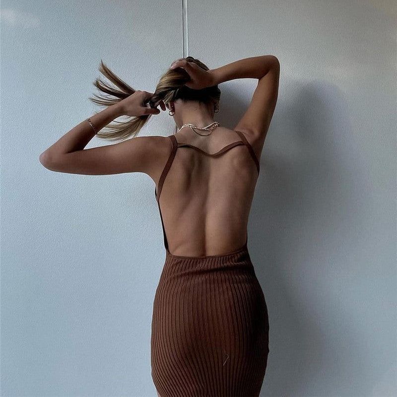 Scoop Neck Rib Knit Spaghetti Strap Thigh Slit Bodycon Maxi Dress