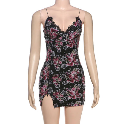 spring new women's seaside hottie vacation style sexy V-neck lace splicing floral suspender dress