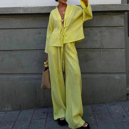 Casual V Neck Lace Up Top and Pants 2 Piece Set New Spring Long Sleeved Loose Suit Simple Solid Color High Street Women Outfits