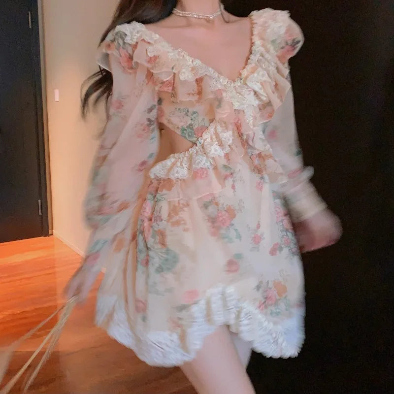 Spring New Flower Dress for Women Fairy Lace Ruffled V-Neck Irregular Long Sleeved Sweet Vestidos Retro Backless Short Vestidos