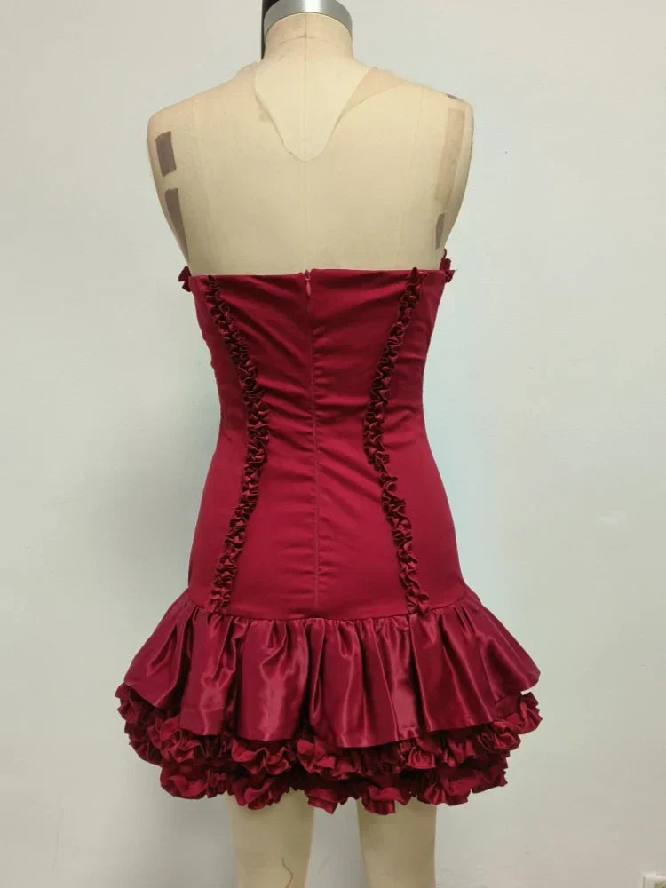 Ruched Sweetheart Strapless Tiered Ruffle Hem Mini Dress