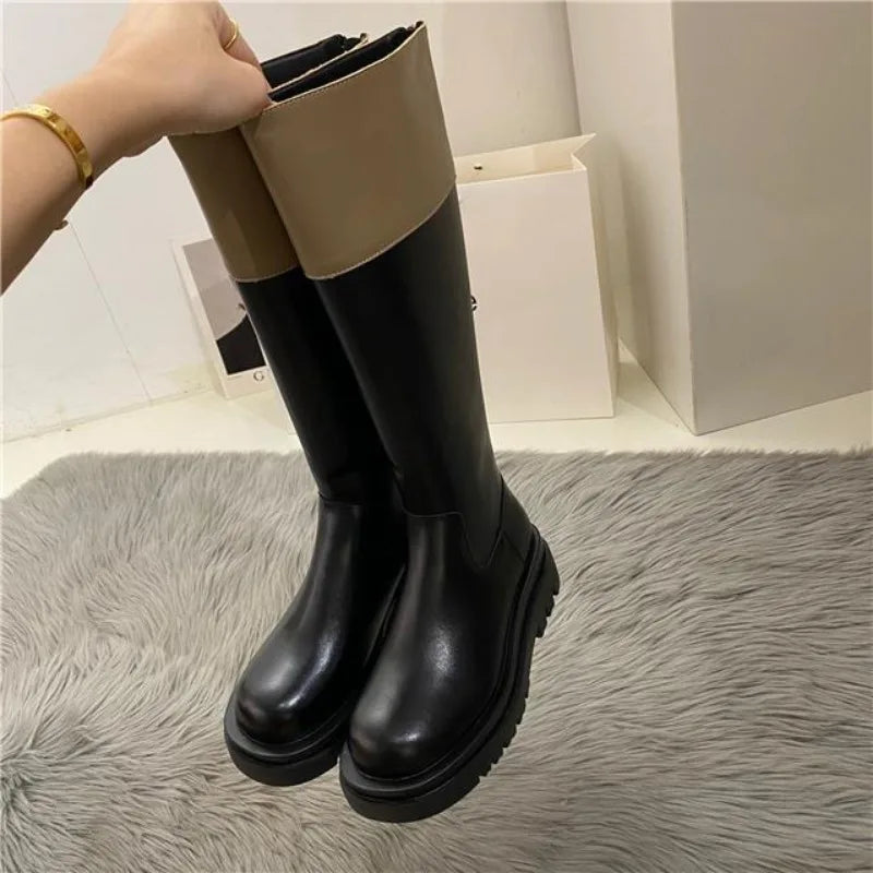 Middle Heel Platform Shoes for Woman Black Footwear Long Winter Knee High Shaft Round Toe Women's Boots Cosplay Pu Spring Autumn