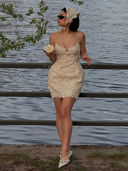 Chic Flower Suspender Short Women's Dress With Backless Slim A-line Dresses 2025 Summer Street Holiday Ladies' Short Robe