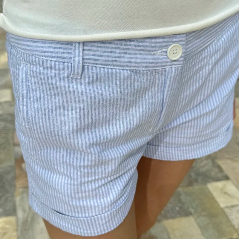 Roll-up Hem Striped Shorts Casual Basic Button-up High Waist Hot Pants Chic Elegant Slim-fitting Short Pants Streetwear