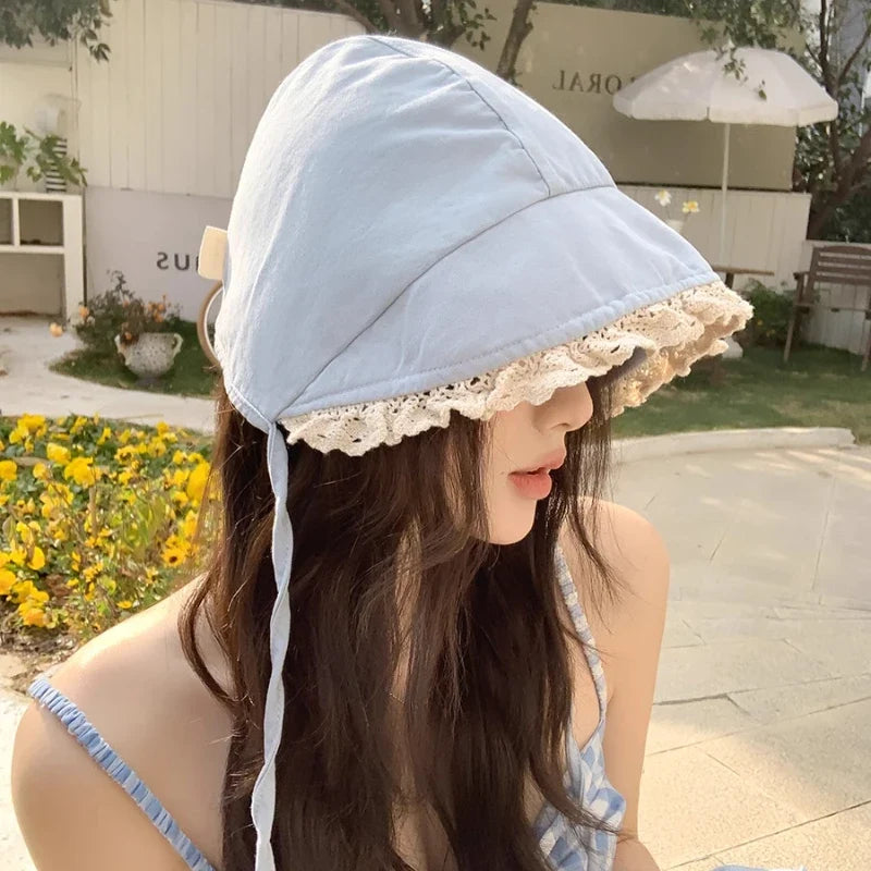 Japanese Retro Y2K Lace Edge Loli Hats for Women Spring and Summer Travel Photo Versatile Sunscreen Sweet Strap Sun Hat