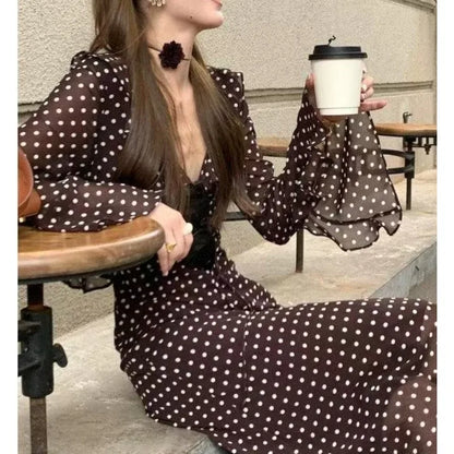 Spring and Summer New Temperament Long-sleeved V-neck Classic Polka Dot Long Dress Women's Clothing
