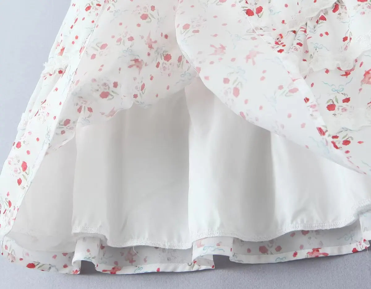 Sweet Girl French Style Floral Print Sleeveless Dress Women Lace Spliced A-line Summer Mini Dress Holiday Robe Vestidos