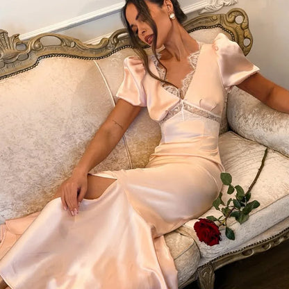 Fashion Satin Lace Long Dress Women V Neck Puff Sleeve Slim Elegant Luxury Party Evening Dress Female Mermaid Dress
