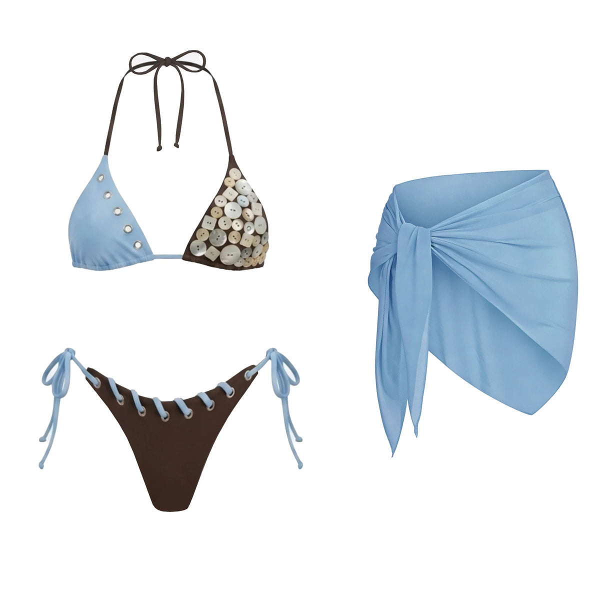 Sexy Button Bikini with Skirt Swimsuit Women Shirring Swimwear High Leg Resort Wear Bathing Suit Beachwear Halter Biquini