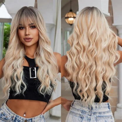 Ombre Blonde Wig with Bangs Long Wavy Wig for Women Highlight Platinum Curly Synthetic Wig Cosplay Party Daily Heat Resistant