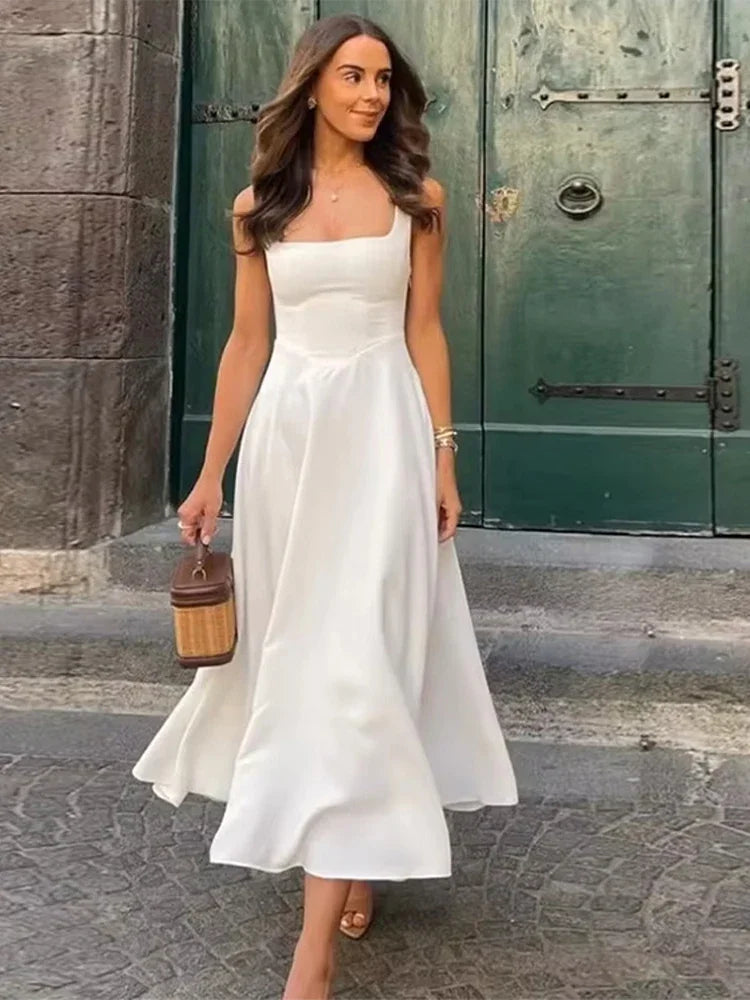 Solid Color Halter Long Dress Straps Slim Fit Sexy Square Neck Suspender High Waist Pleated Beach Dresses Women's Party Robes