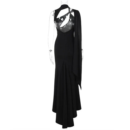 One Shoulder Halter Diagonal Chest Cutout Sash Drape Mermaid Maxi Gown
