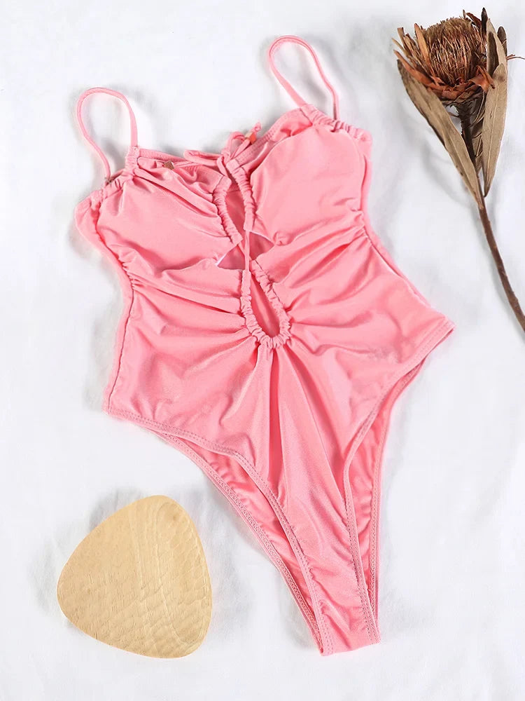 Sexy One Piece Suits String Swimsuit Women 2024 Hollow Out Swimwear Bandage Bathing Suit Pink Monokini High Cut Beachwear Summer