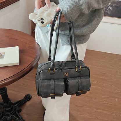 Fashion PU Leather Boston Shoulder Bag Large Capacity with Multi-Pockets Underarm Bag Solid Clutch Purse Girl