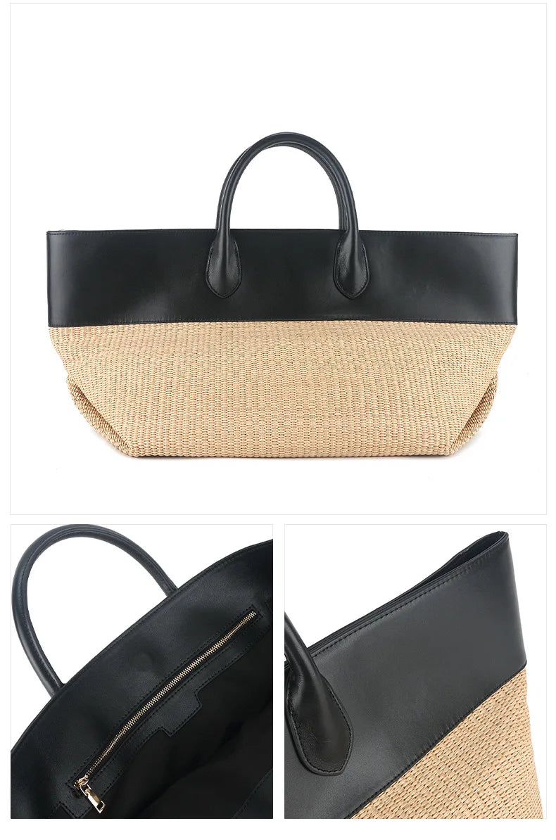 Summer Straw Shoulder Women Large Capacity Rattan Handle Splicing Color Beach Bag Genuine Leather Tote Bags For Women