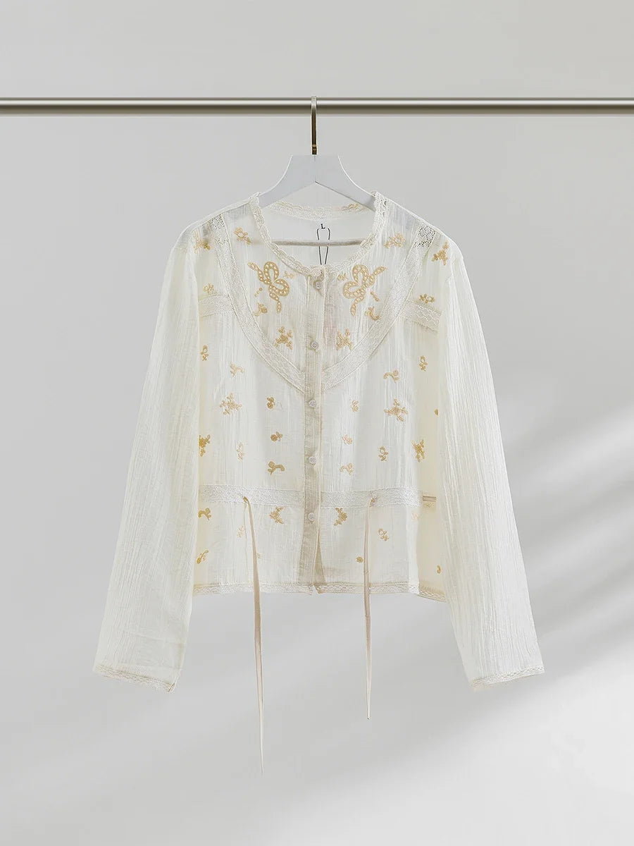 Solid Hollow Out Embroidery Blouse Women Spring Lace Trim O Neck Drawstring Blouses Elegant Casual Fashion Long Sleeve Shirt Top