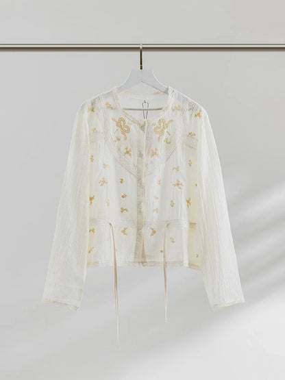 Solid Hollow Out Embroidery Blouse Women Spring Lace Trim O Neck Drawstring Blouses Elegant Casual Fashion Long Sleeve Shirt Top