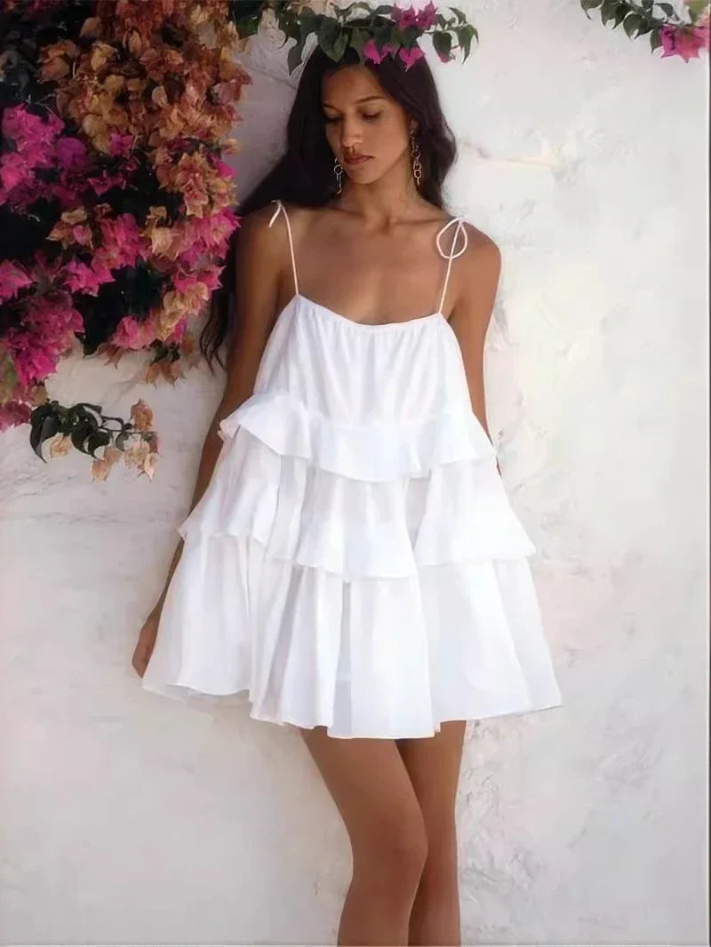 Holiday Beach Sling Mini Dress New Summer Multi-layer Ruffle Cake Dress for Women Short Backless Sleeveless Dress 2024 Vestidos