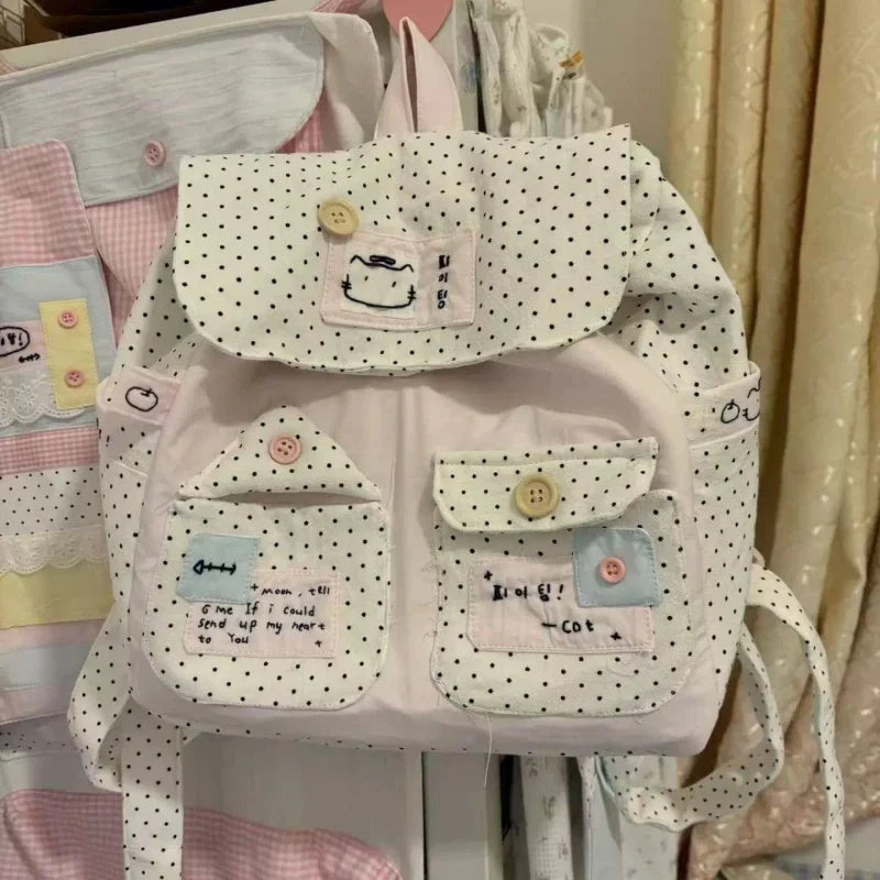 Japanese Sweet Girl Dot Backpack Patchwork Contrast Color Kawaii Cute Schoolbags Women Y2k Aesthetic Chic Backpacks for Students