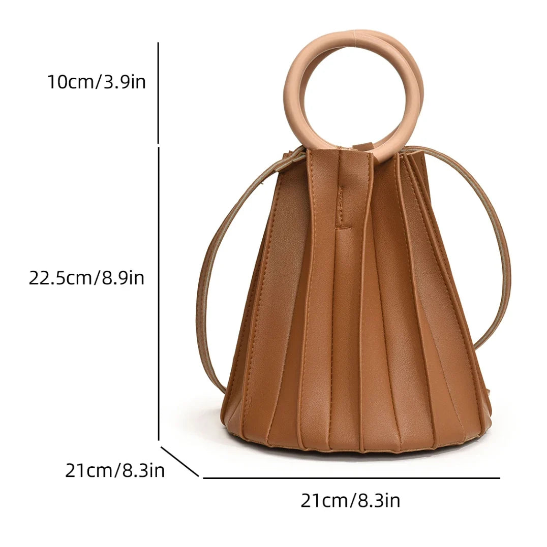 Retro Round Wood Handle Tote Clutch Bag For Women Designer Pleated Striped Bucket Handbag Pu Leather Shoulder Crossbody Bags