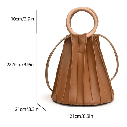 Retro Round Wood Handle Tote Clutch Bag For Women Designer Pleated Striped Bucket Handbag Pu Leather Shoulder Crossbody Bags