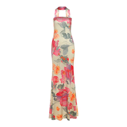 Women Sexy Floral Print Strapless Bodycon Maxi Dress with Ribbon Scarf Sleeveless Backless Slim Party Long Robe Holiday Outfits