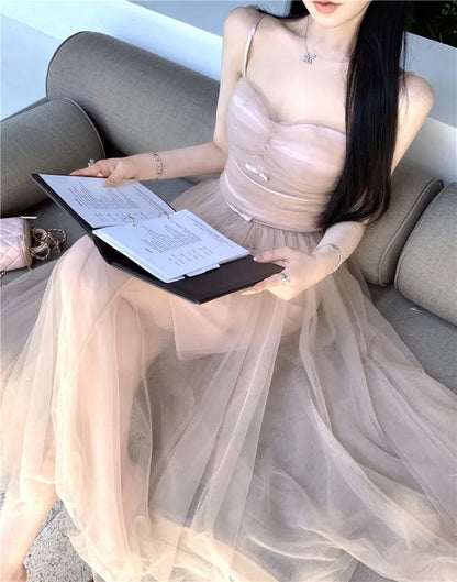 Woman Dress Bow Sleeveless Slash Neck Mesh Patchwork Princess Sweet Elegant Summer Fashion Party Dresses Female