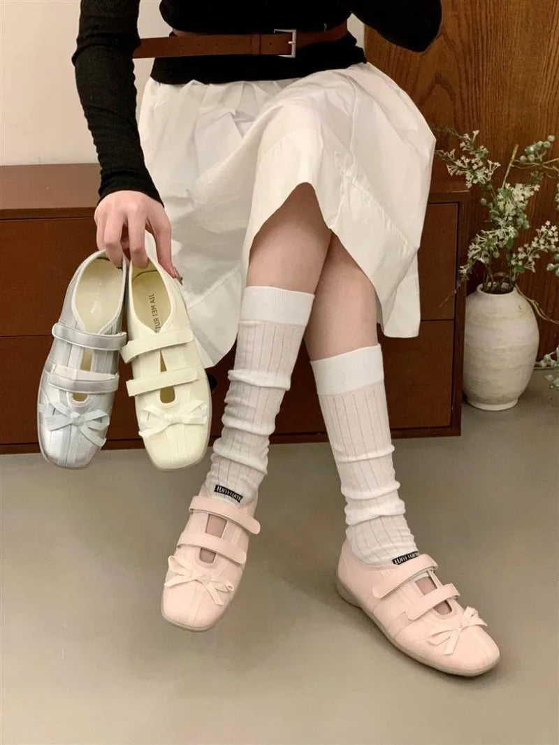 Sweet Pink Bow Ballet Flats Women Fashion Double Narrow Band Design Brand Mary Jane Shoes Comfort Round Toe Shallow Casual Shoes