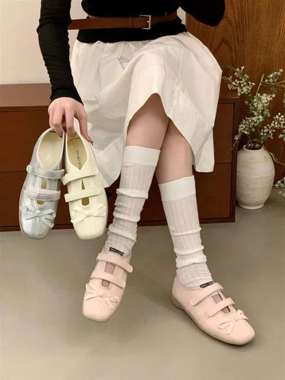 Sweet Pink Bow Ballet Flats Women Fashion Double Narrow Band Design Brand Mary Jane Shoes Comfort Round Toe Shallow Casual Shoes