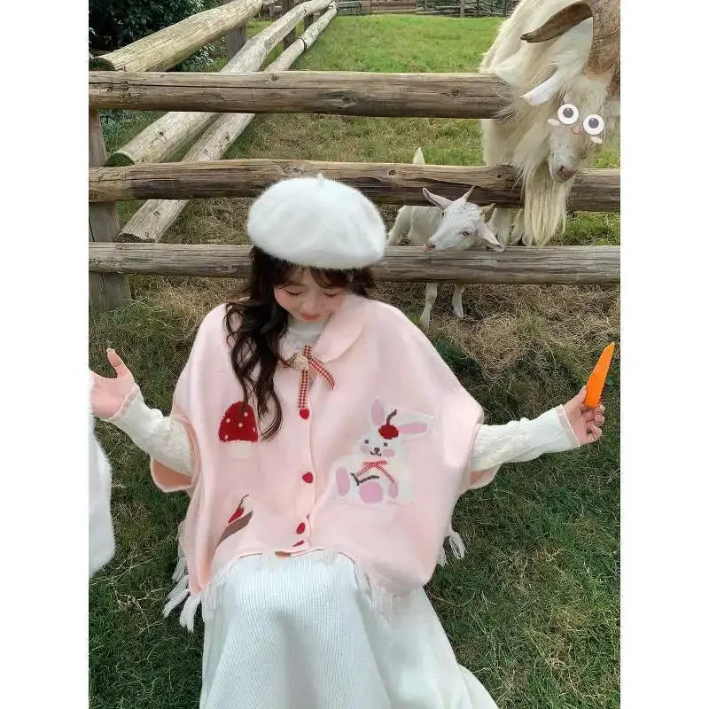 Japanese College Style Autumn Winter Cute Bunny Shawl Cloak Kawaii Lapel Tassel Bow Cardigan Women Knitted Sweater Top