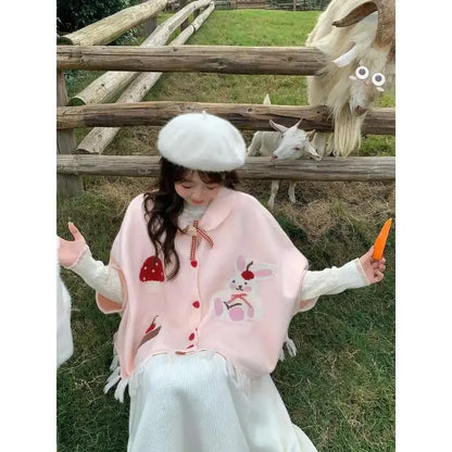 Japanese College Style Autumn Winter Cute Bunny Shawl Cloak Kawaii Lapel Tassel Bow Cardigan Women Knitted Sweater Top