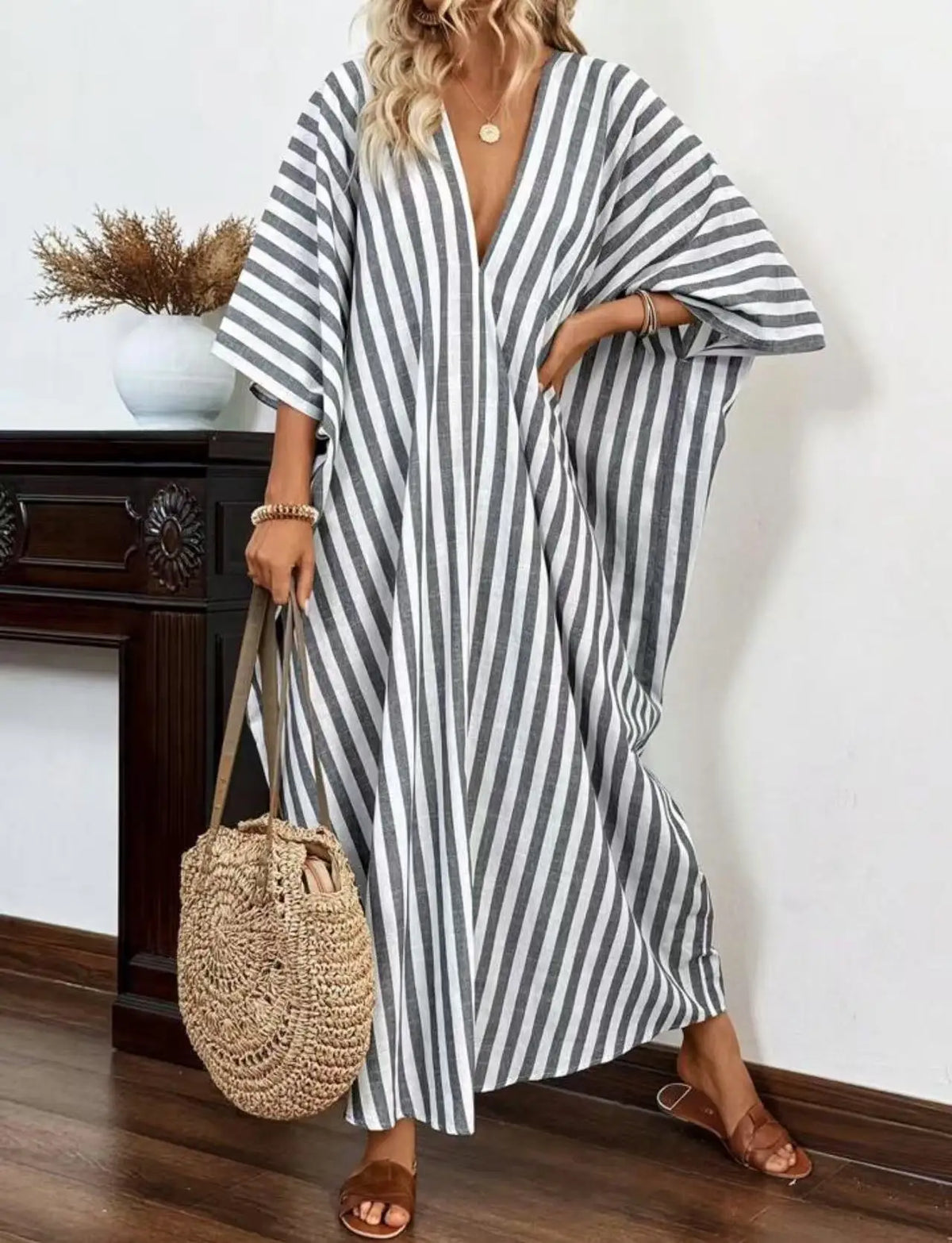 Summer New Fashion Loose Casual V-neck Striped Long Dress