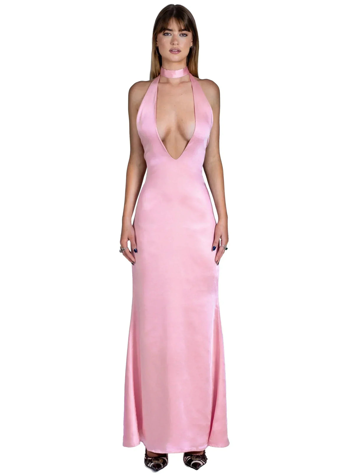 Halter Choker Deep V Neck Satin Column Maxi Gown