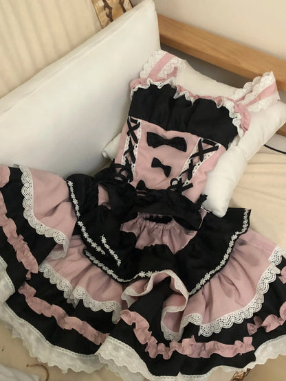 New Lolita Japanese Maid Suit Suspender Lace Bow Upper and Lower Suit Two-dimensional Sweet Cute Cos Comic Show Cake Skirt