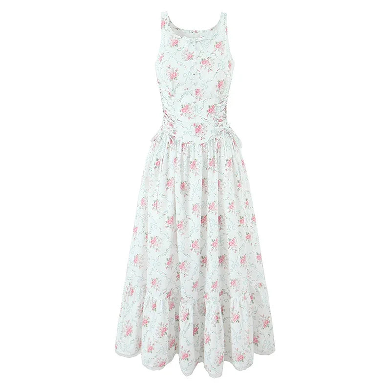Women Bow O Neck Sleeveless Floral Print Boho Dresses Front Lace Up A-line Midi Summer Dress Chic Lady Holiday Party Robe