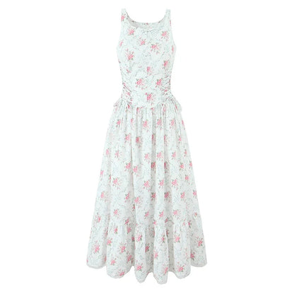 Women Bow O Neck Sleeveless Floral Print Boho Dresses Front Lace Up A-line Midi Summer Dress Chic Lady Holiday Party Robe