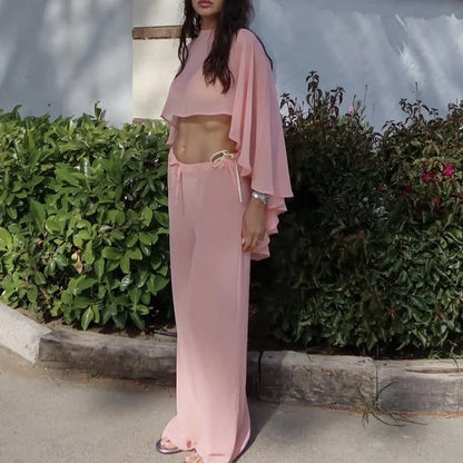 Elegant Solid Perspective Loose Suit Casual Chiffon Shirt Travel Vacation Outfit Fashion Irregular Cape Style Top+Pants 2pc Set
